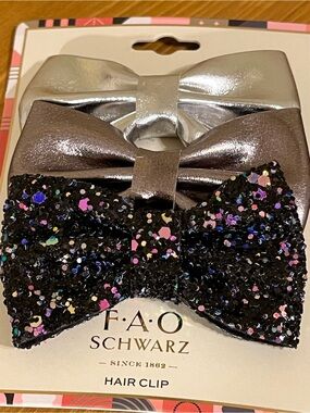 FAO Schwarz Metallic Silver and Black Glitter Bow Hair Clips